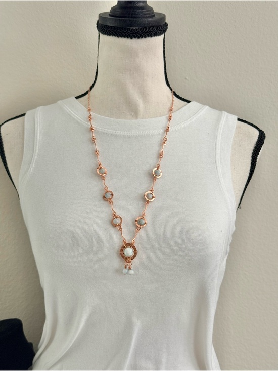 Artisan Jewelry - Artisan Aquamarine Beads Station Necklace with Hammered Copper Elements